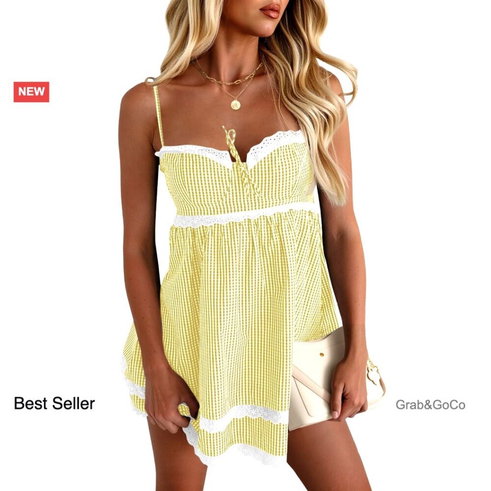Summer Mini Dress Y2K Sweetheart Spaghetti Strap Lace Trim Tiered Sundress